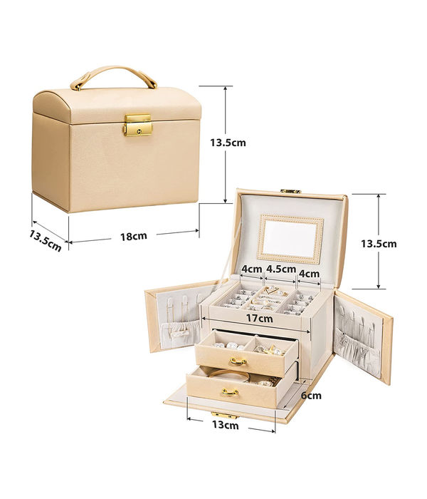 YouBella Jewellery Organiser MultiLayer PU Leather Portable Lockable Storage Box Case with Dividers Container for Rings, Earrings, Necklace Home Organizer, Beige